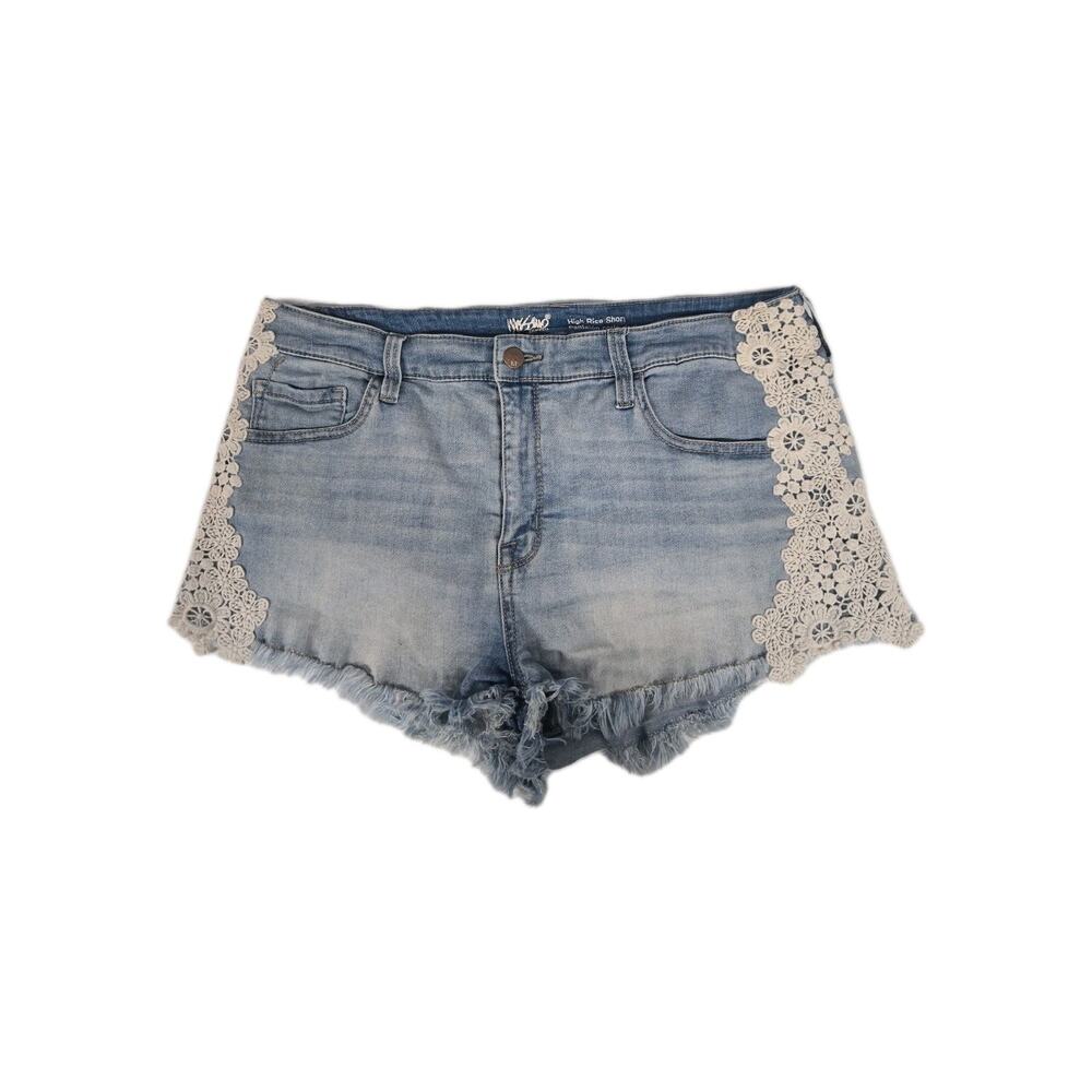 Mossimo Womens Blue Jean Shorts Lace Trim High Rise Stretch Festival Size 16/33